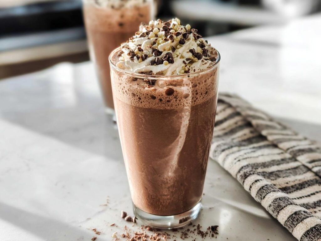 A tall glass filled with a frothy Chocolate Protein Shake, topped with whipped cream and chocolate shavings.