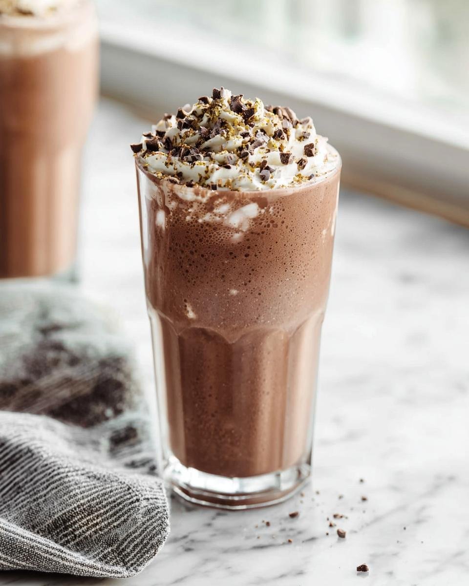 A tall glass of a frothy Chocolate Protein Shake topped with whipped cream and chocolate shavings.