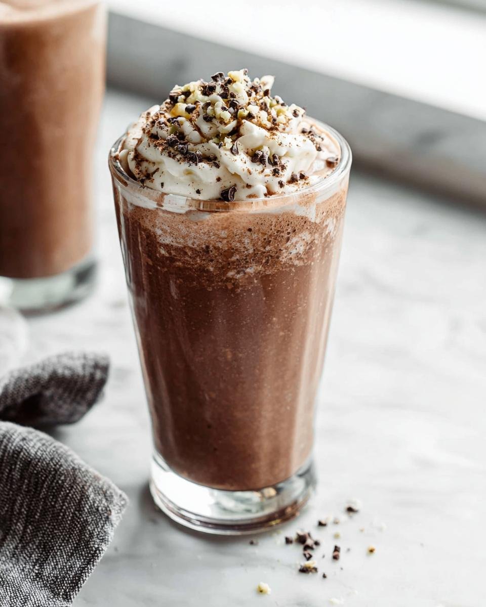 A refreshing Chocolate Protein Shake topped with whipped cream and chocolate shavings.