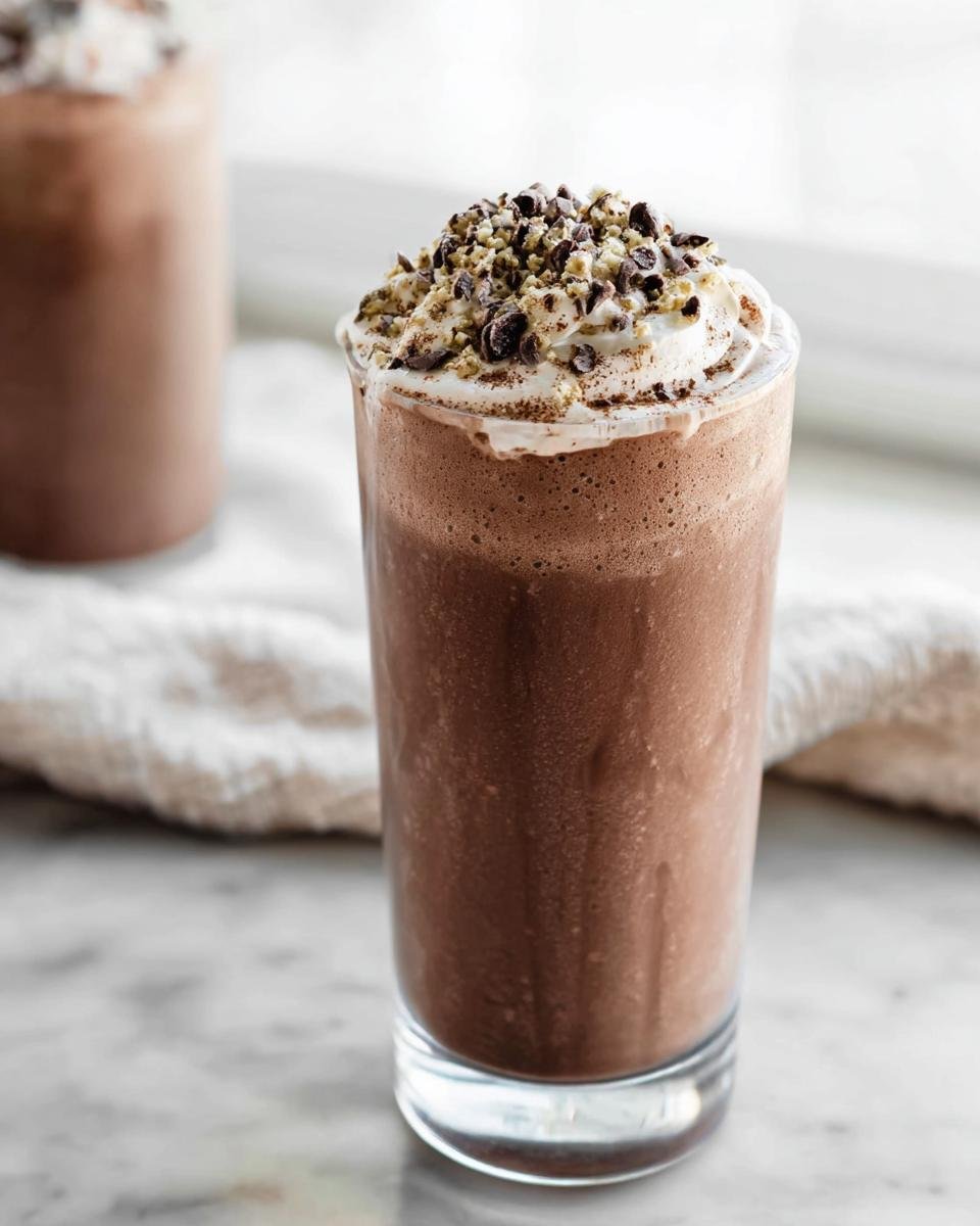 A tall glass of a frothy Chocolate Protein Shake topped with whipped cream and chocolate chips.