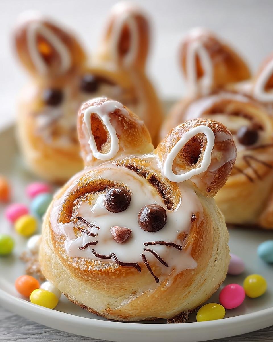 Close-up of a cute Cinnabunny, a cinnamon roll decorated to look like a bunny with icing, chocolate chip eyes, and candy whiskers.