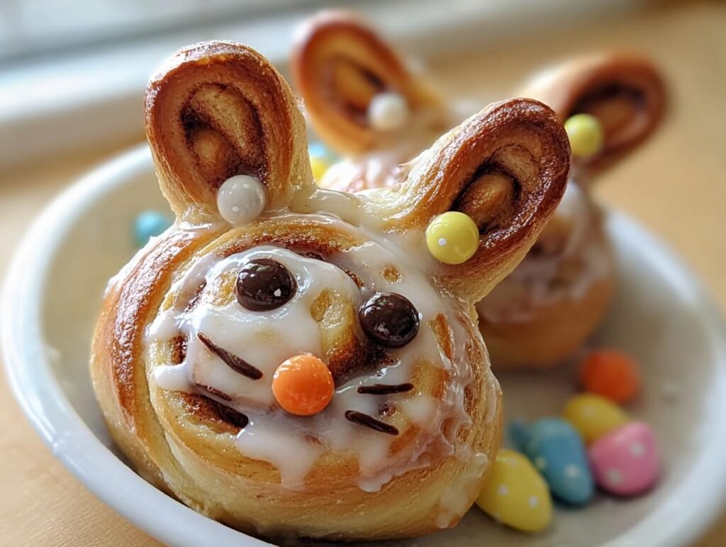 Close-up of a festive Cinnabunny, a cinnamon roll shaped like a bunny face with icing and candy decorations.