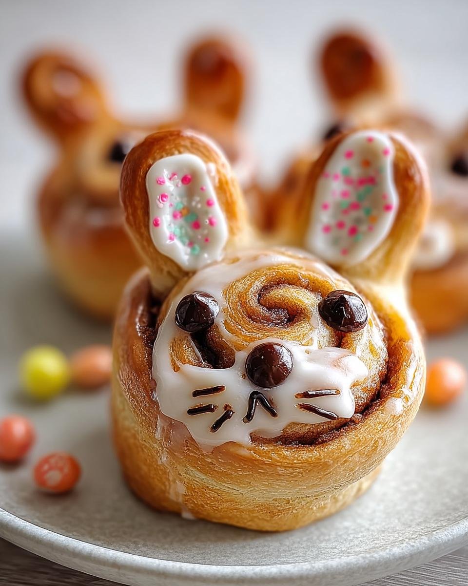 Close-up of an adorable Cinnabunny Easter treat, a cinnamon roll shaped like a bunny with chocolate chip eyes and drawn whiskers.