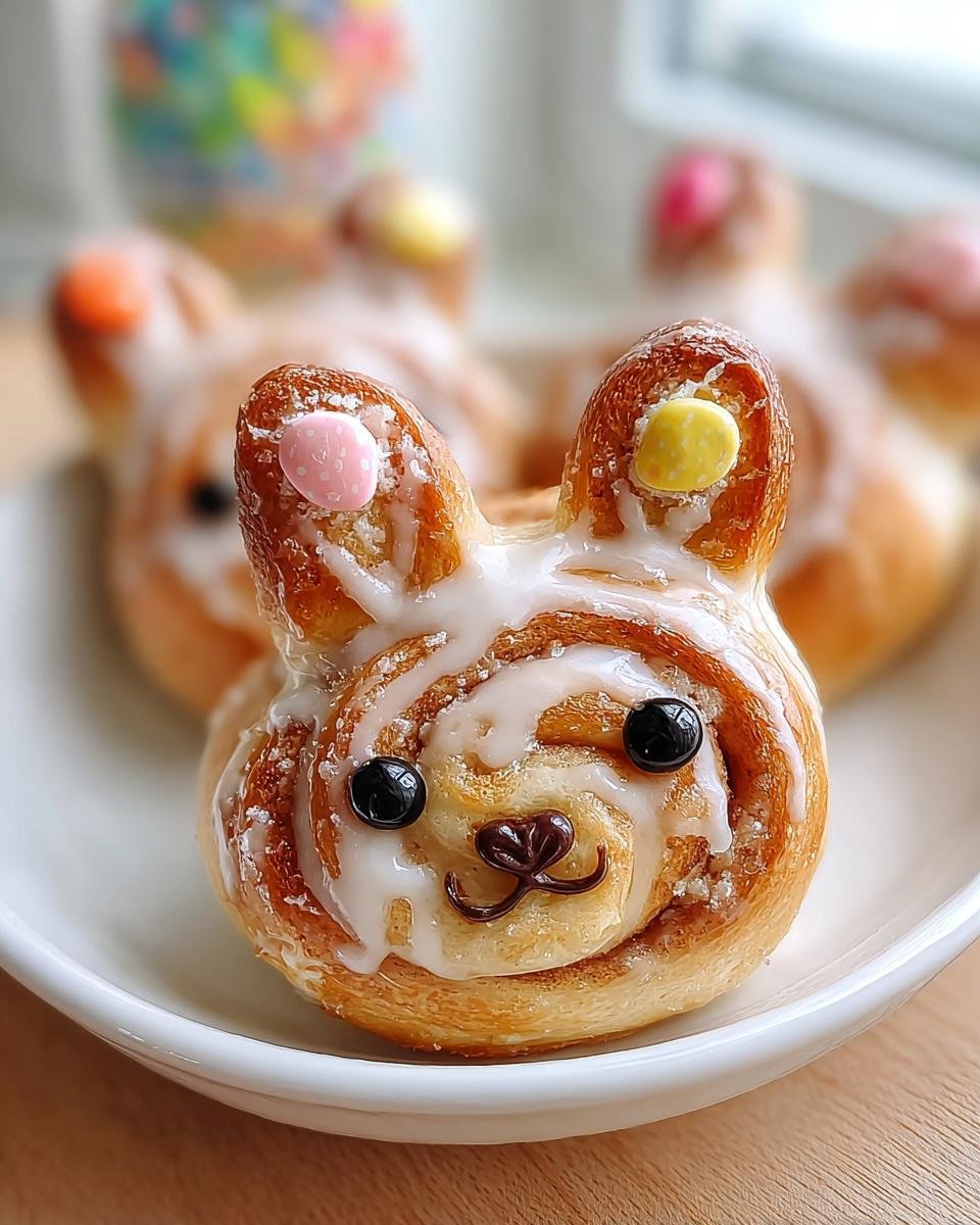 Close-up of an adorable Cinnabunny, a cinnamon roll shaped like a bunny with frosting, candy eyes, and colorful candy ears.