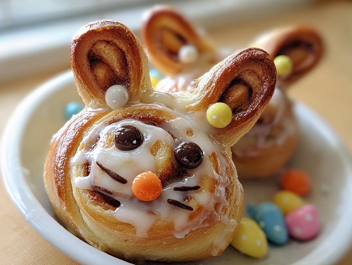 Close-up of a festive Cinnabunny, a cinnamon roll shaped like a bunny face with icing and candy decorations.
