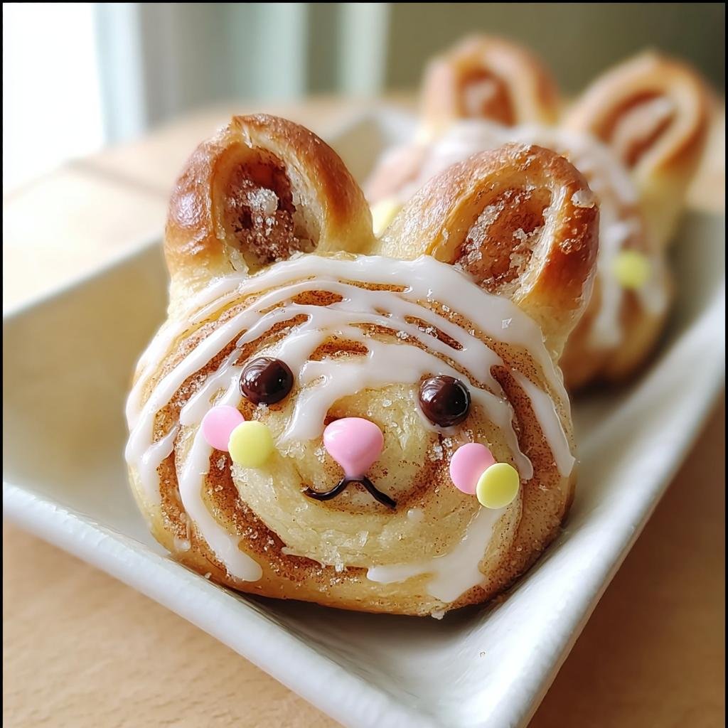 Close-up of a cute Cinnabunny, a cinnamon roll shaped like a bunny face with icing and candy features.