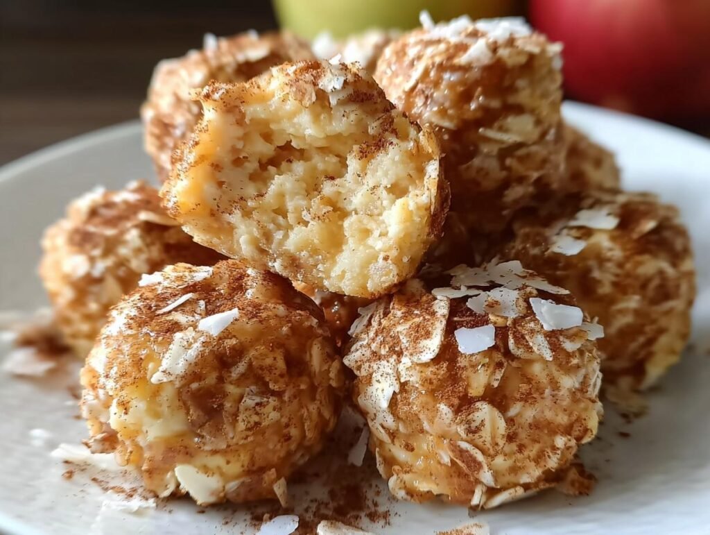 A close-up of Cinnamon Apple Cottage Cheese Bites, one is broken open revealing the texture inside.