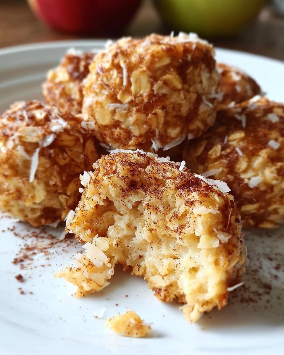 Close-up of Cinnamon Apple Cottage Cheese Bites, showing oats, coconut flakes, and a bite taken out.