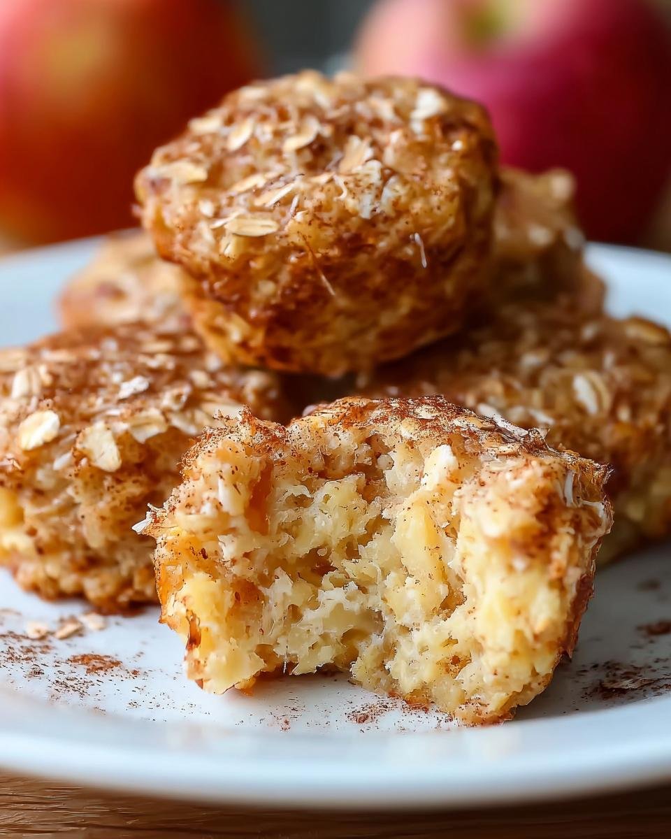 A close-up of delicious Cinnamon Apple Cottage Cheese Bites, one with a bite taken out, showing the fluffy interior.