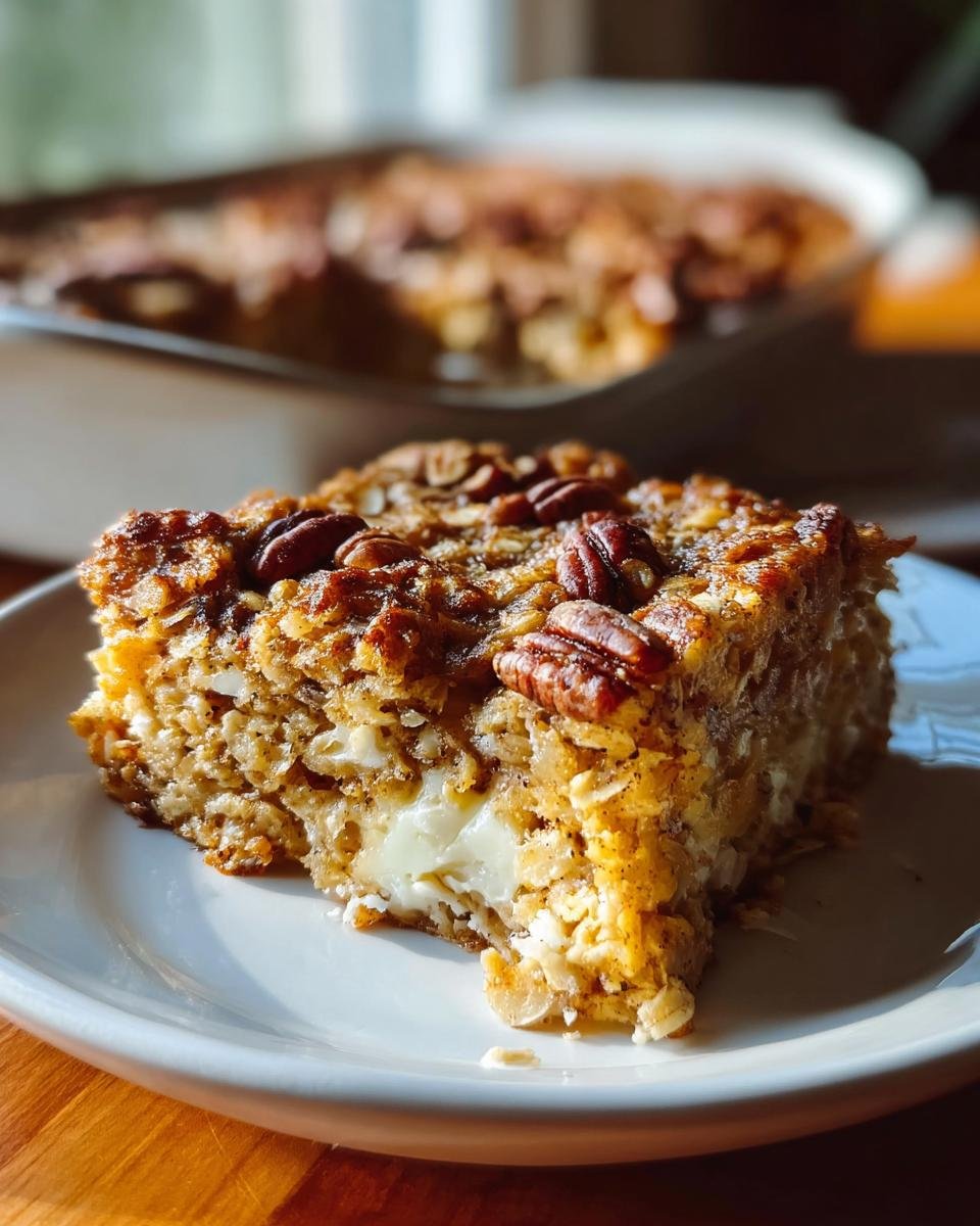 A delicious slice of Cinnamon Cottage Cheese Oatmeal Bake topped with pecans, served on a white plate.