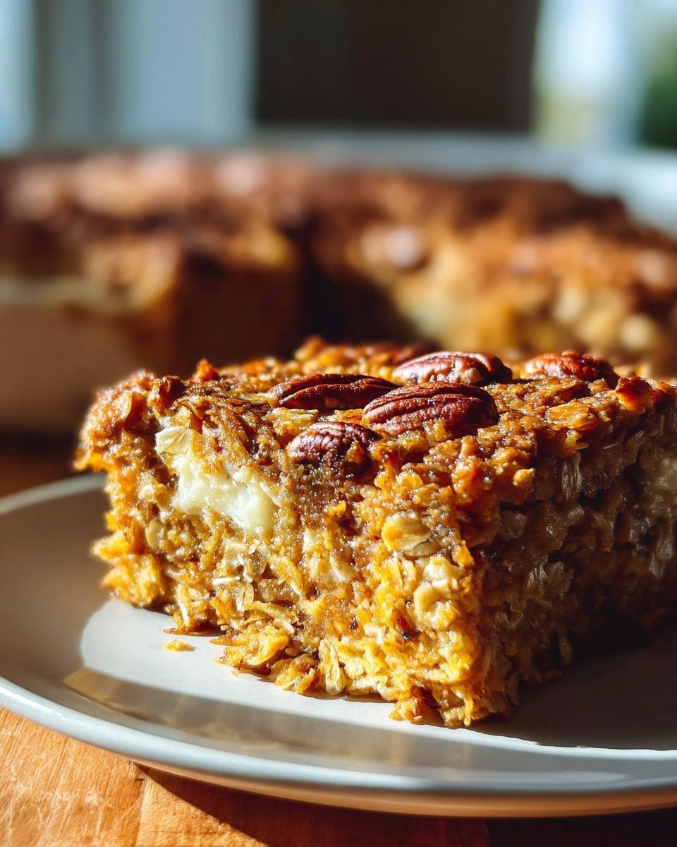 A slice of Cinnamon Cottage Cheese Oatmeal Bake topped with pecans, served on a white plate.