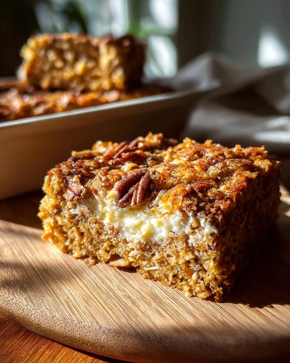 A slice of Cinnamon Cottage Cheese Oatmeal Bake with a creamy center and pecan topping, served on a wooden board.
