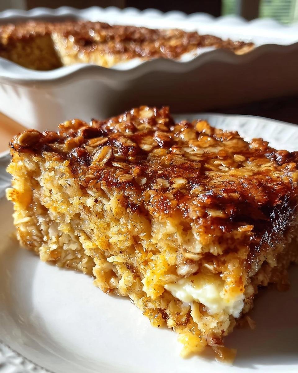 A close-up of a slice of Cinnamon Cottage Cheese Oatmeal Bake on a white plate, showing oats and a creamy center.