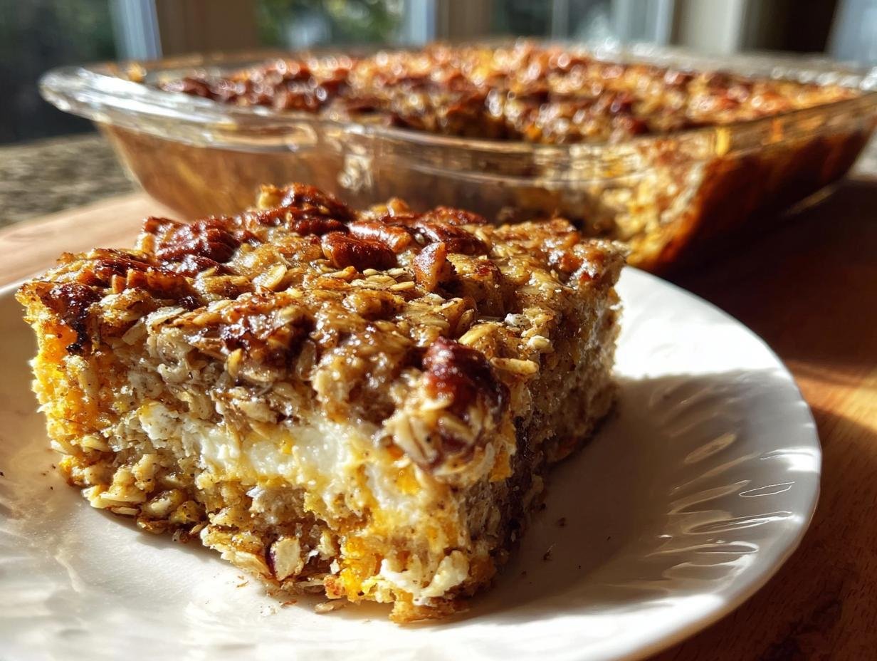 A slice of Cinnamon Cottage Cheese Oatmeal Bake on a white plate, with a baking dish in the background.