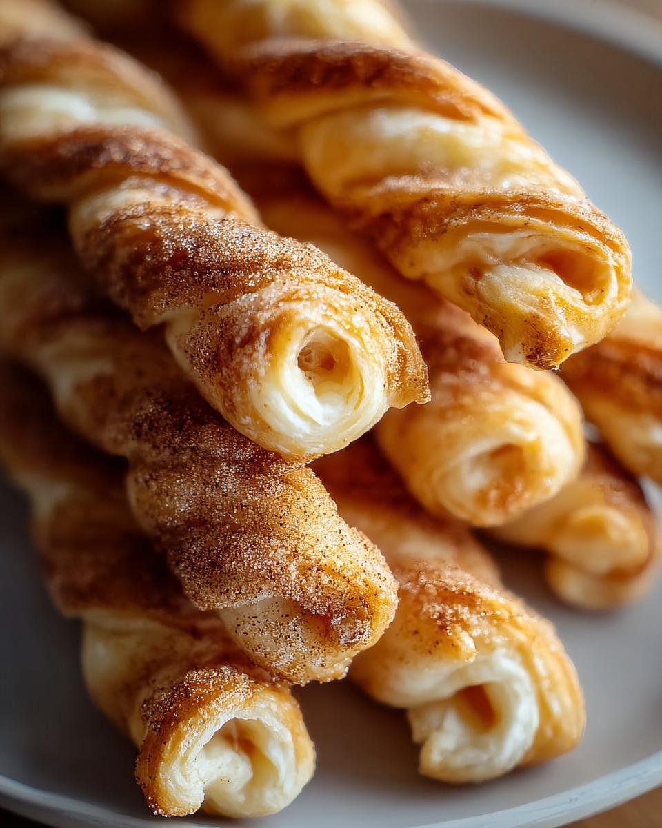 Close-up of golden-brown, twisted pastries coated in cinnamon sugar, showcasing the flaky layers of these quick Cinnamon Twists.