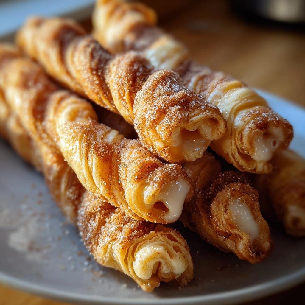 Close-up of golden brown Cinnamon Twists, coated in sugar and cinnamon, with a creamy white filling peeking out.