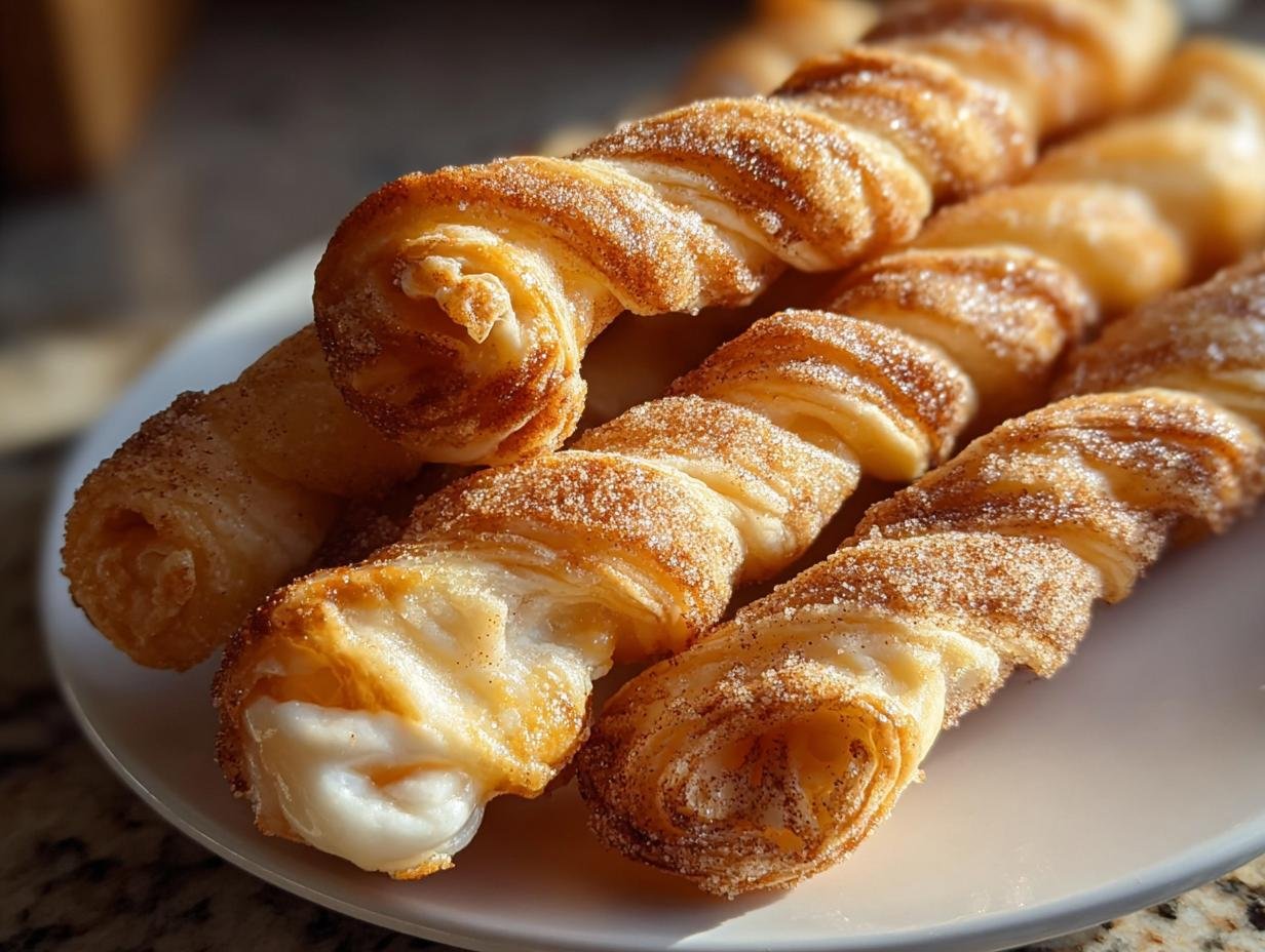 Close-up of golden brown, flaky cinnamon twists, generously coated in cinnamon sugar, on a white plate.