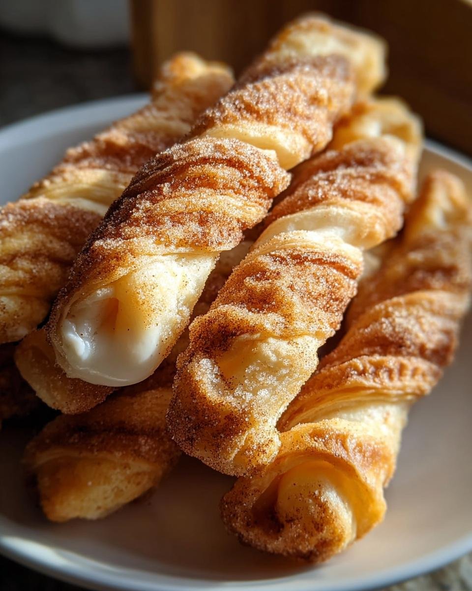 Close-up of golden brown, twisted Cinnamon Twists coated in sugar and cinnamon.