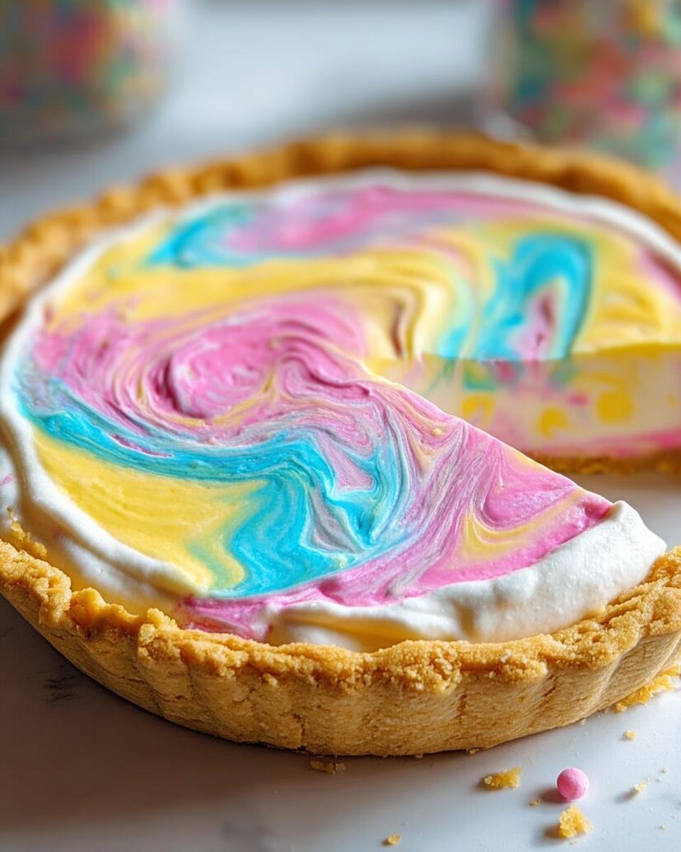 A slice of a Colorful Swirled Pie for Easter with vibrant pink, blue, and yellow swirls on a white creamy filling.