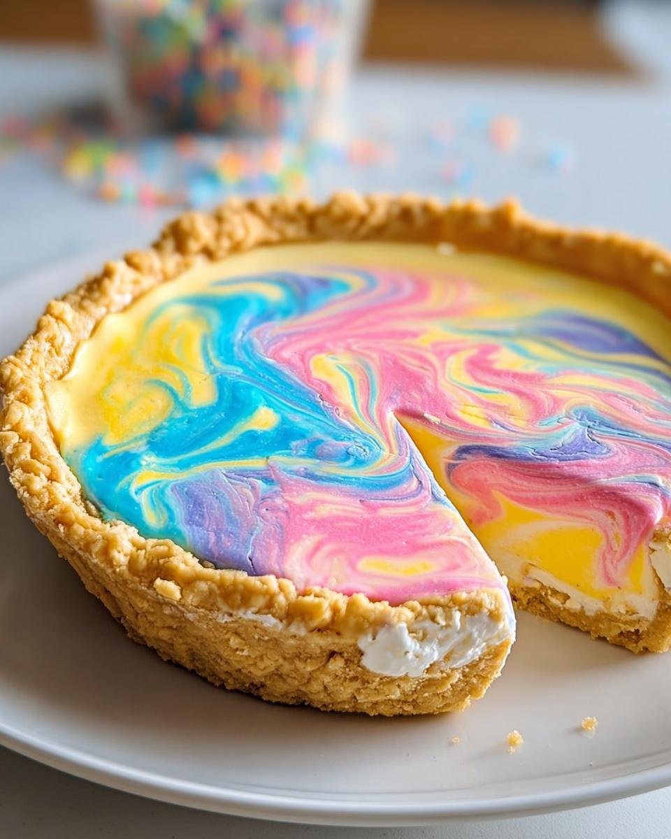 A slice of a Colorful Swirled Pie for Easter, showcasing vibrant pastel colors and a crumb crust.