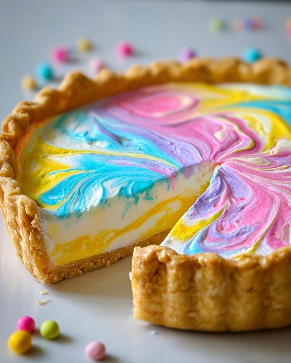 A slice is cut from a colorful swirled pie for Easter, showcasing pink, purple, blue, and yellow swirls.