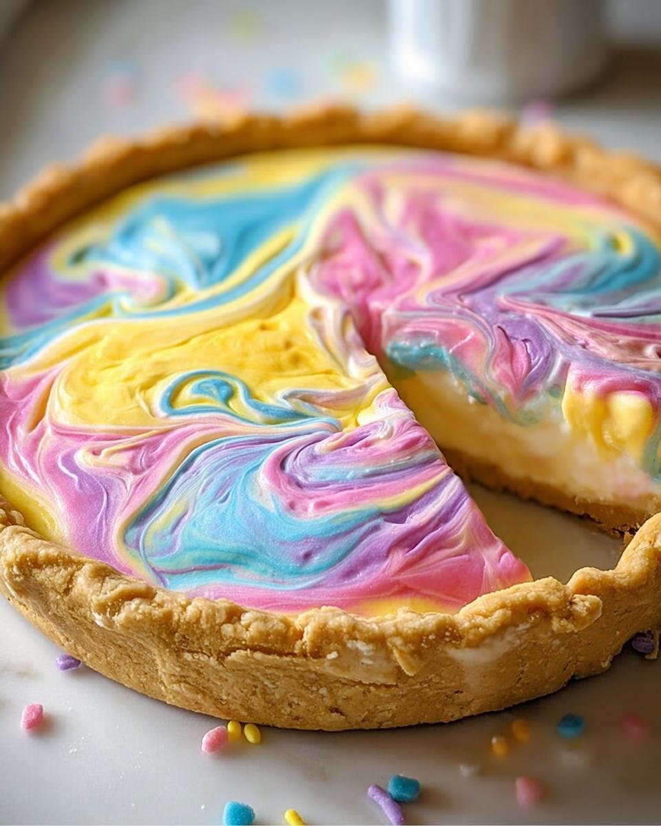 A Colorful Swirled Pie for Easter with a slice removed, showcasing pastel yellow, pink, and blue swirls.