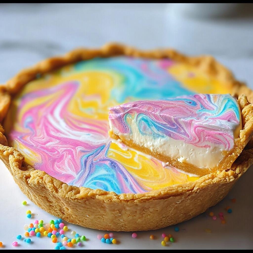 A slice of Colorful Swirled Pie for Easter, showcasing vibrant pastel swirls and a creamy filling.