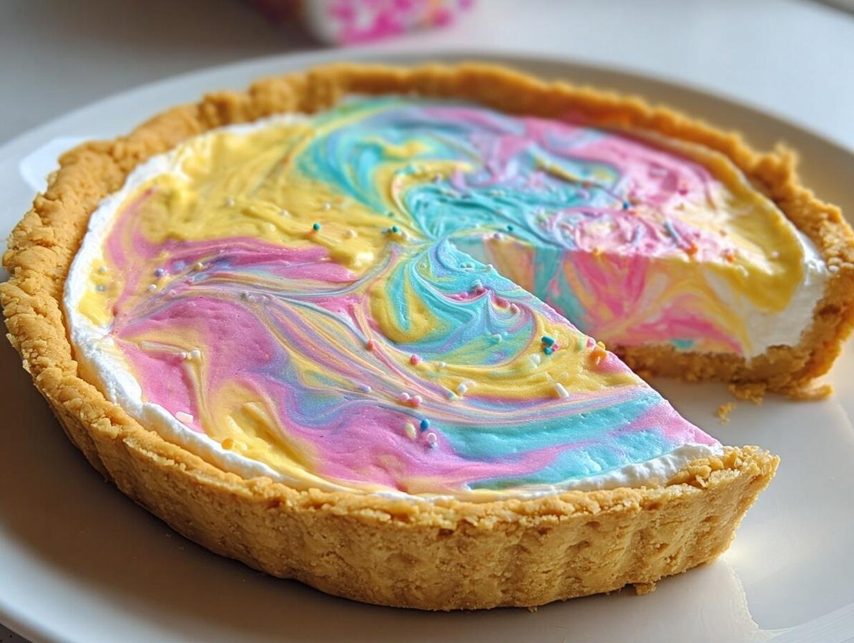 A slice of a colorful swirled pie for Easter, with pastel pink, blue, and yellow swirls on a white filling, topped with sprinkles.