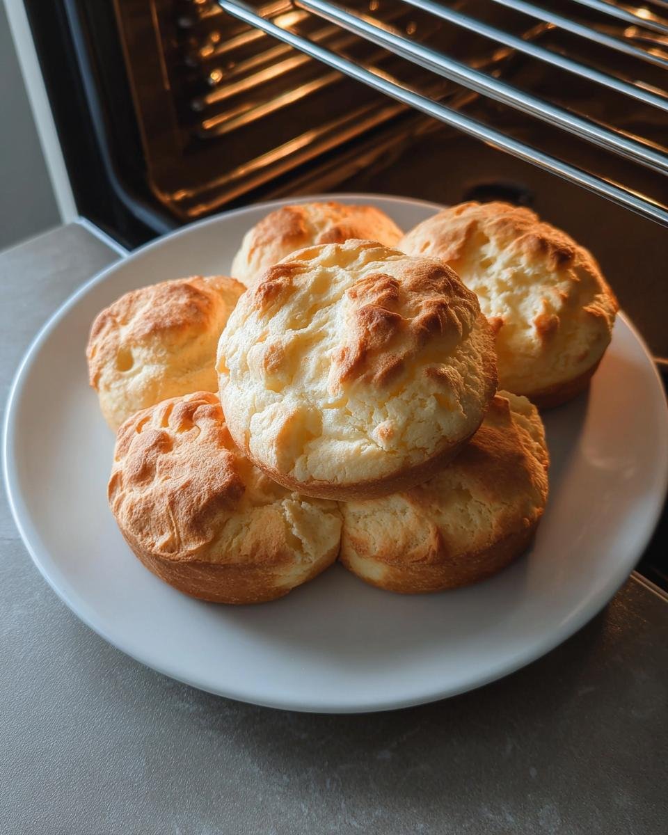 A white plate piled high with golden-brown Cottage Cheese Cloud Bread, fresh from the oven.