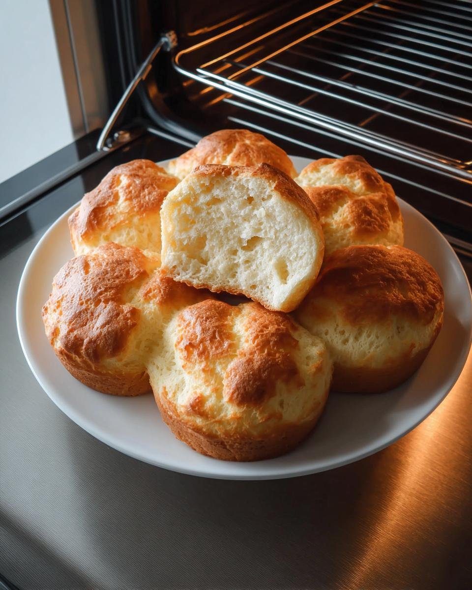 A plate of golden-brown Cottage Cheese Cloud Bread, with one piece broken open to show its fluffy interior.