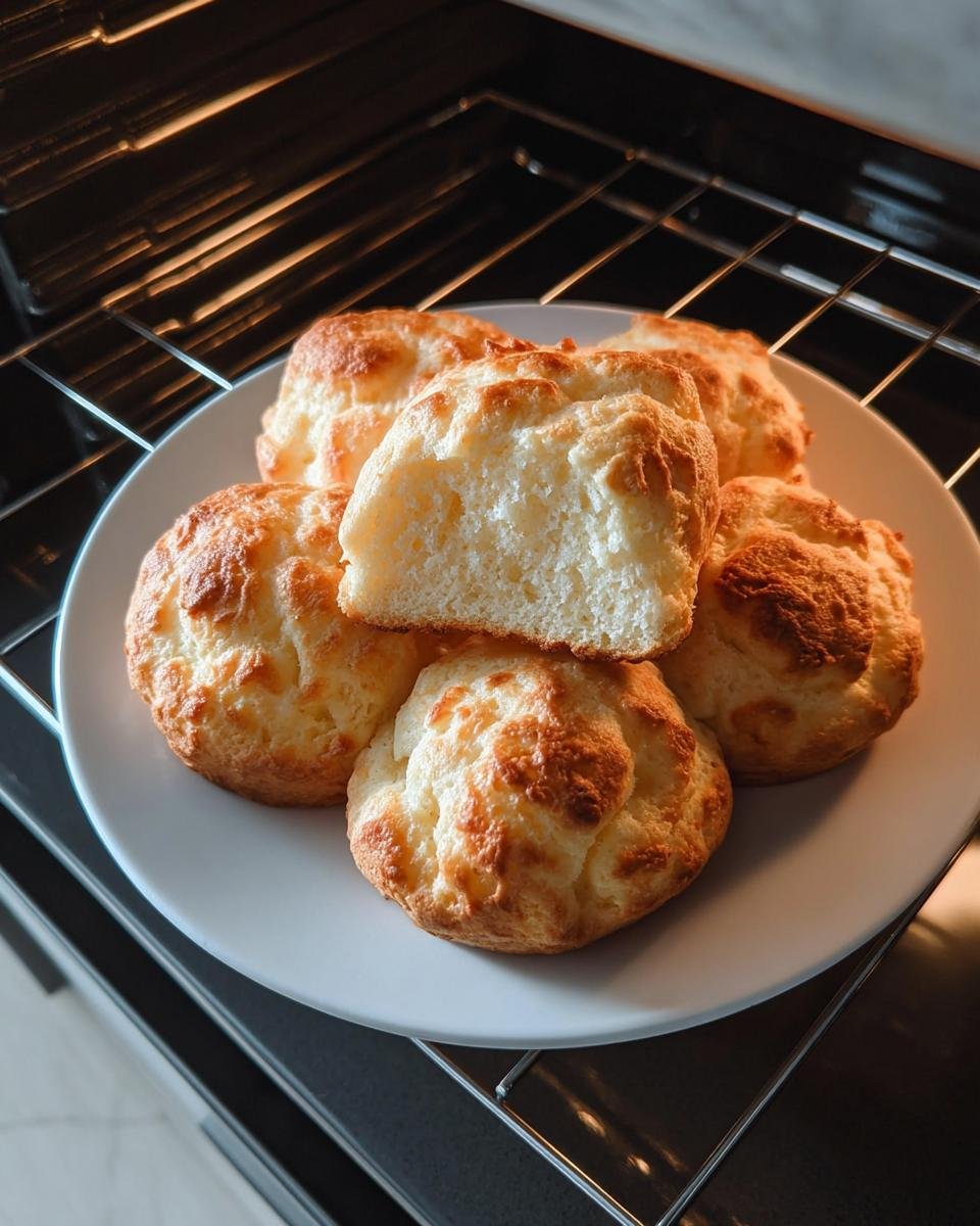 A plate of golden-brown Cottage Cheese Cloud Bread, with one piece cut to show its airy interior, fresh from the oven.