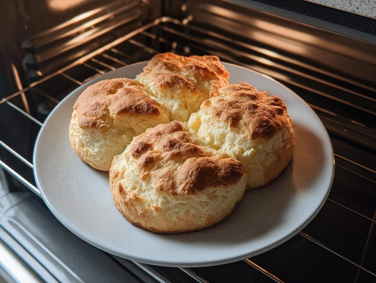 Four golden-brown Cottage Cheese Cloud Bread rolls on a white plate, just pulled from the oven.