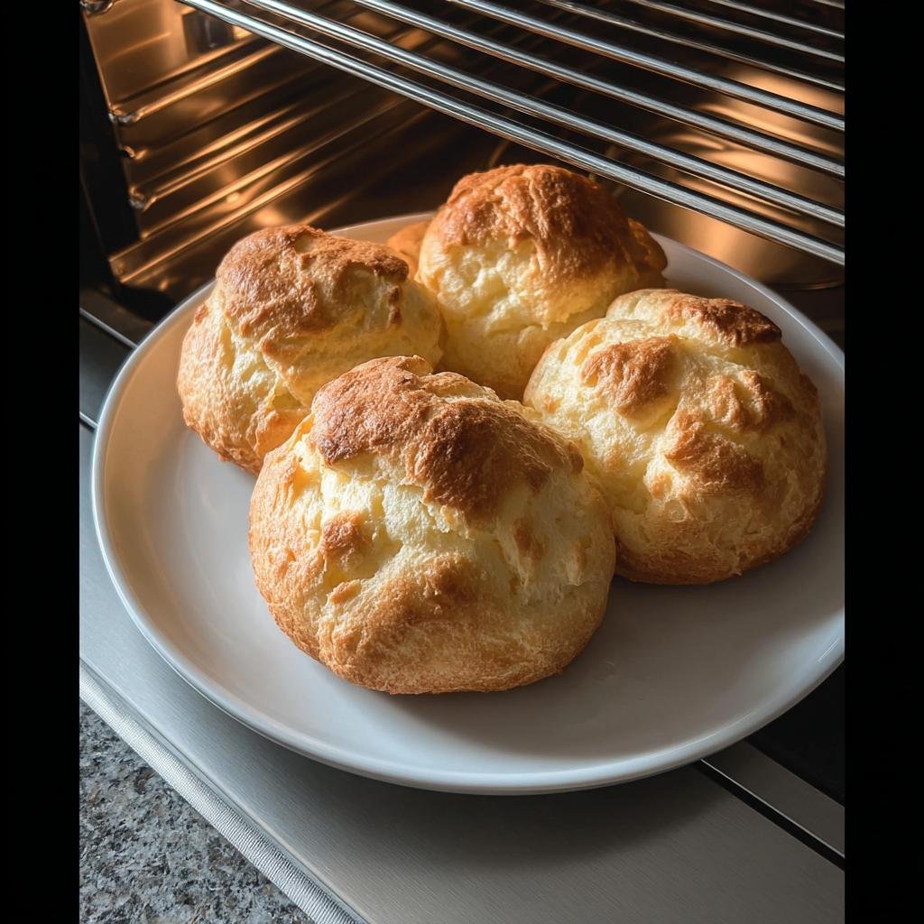 Golden brown Cottage Cheese Cloud Bread puffs cooling on a white plate, fresh from the oven.