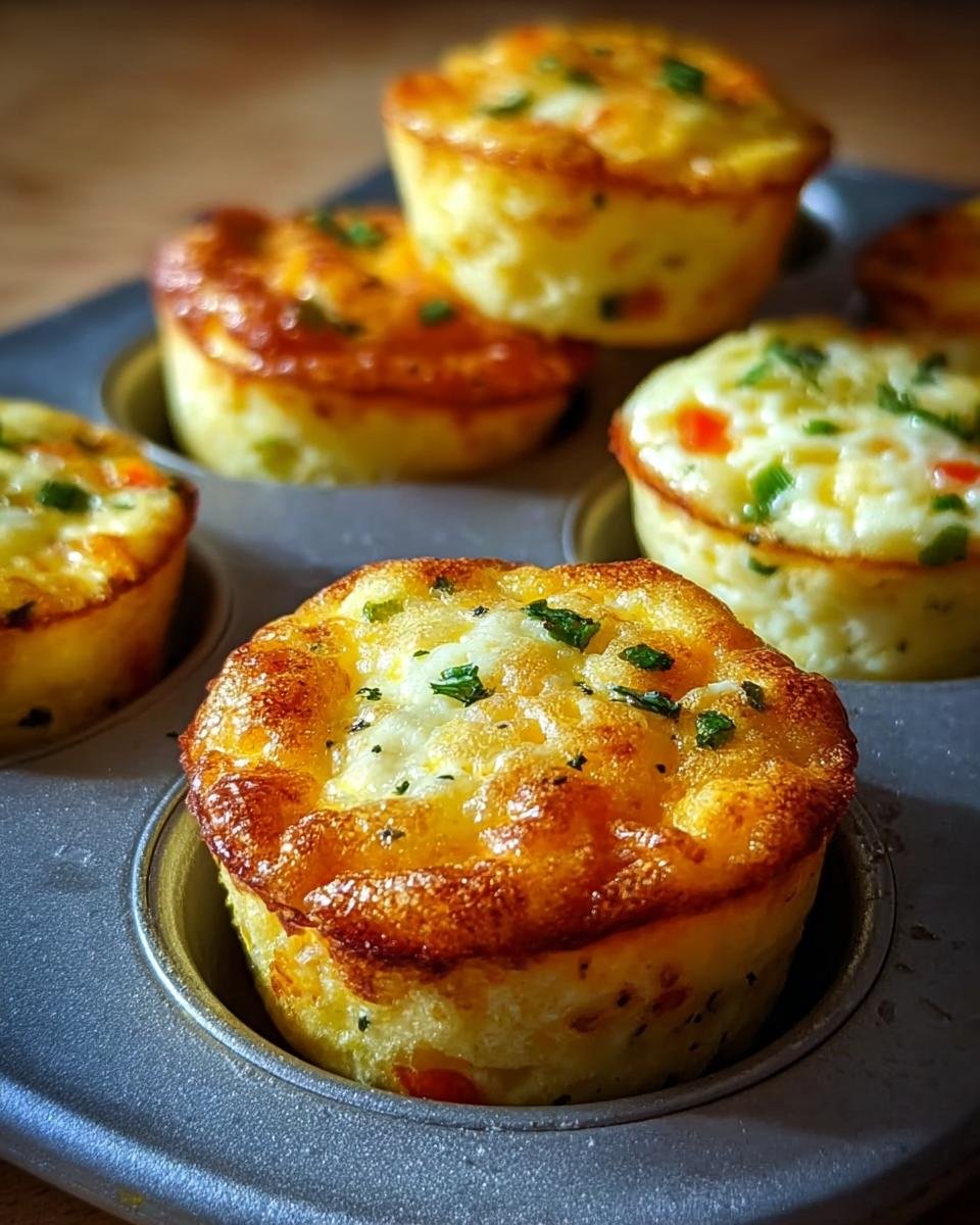 Close-up of golden brown Cottage Cheese Egg Bites baked in a muffin tin, sprinkled with fresh parsley.