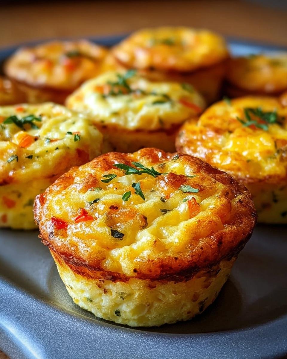 A close-up of golden brown Cottage Cheese Egg Bites, garnished with fresh herbs, on a dark gray tray.