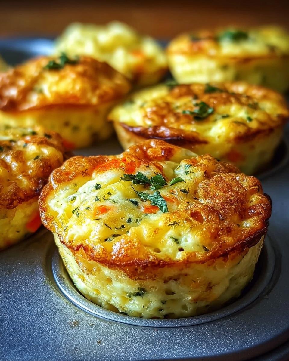 Close-up of golden brown Cottage Cheese Egg Bites baked in a muffin tin, garnished with fresh parsley.