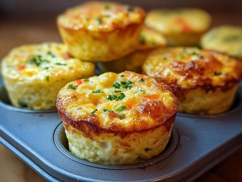 Close-up of golden brown Cottage Cheese Egg Bites baked in a muffin tin, topped with fresh herbs.