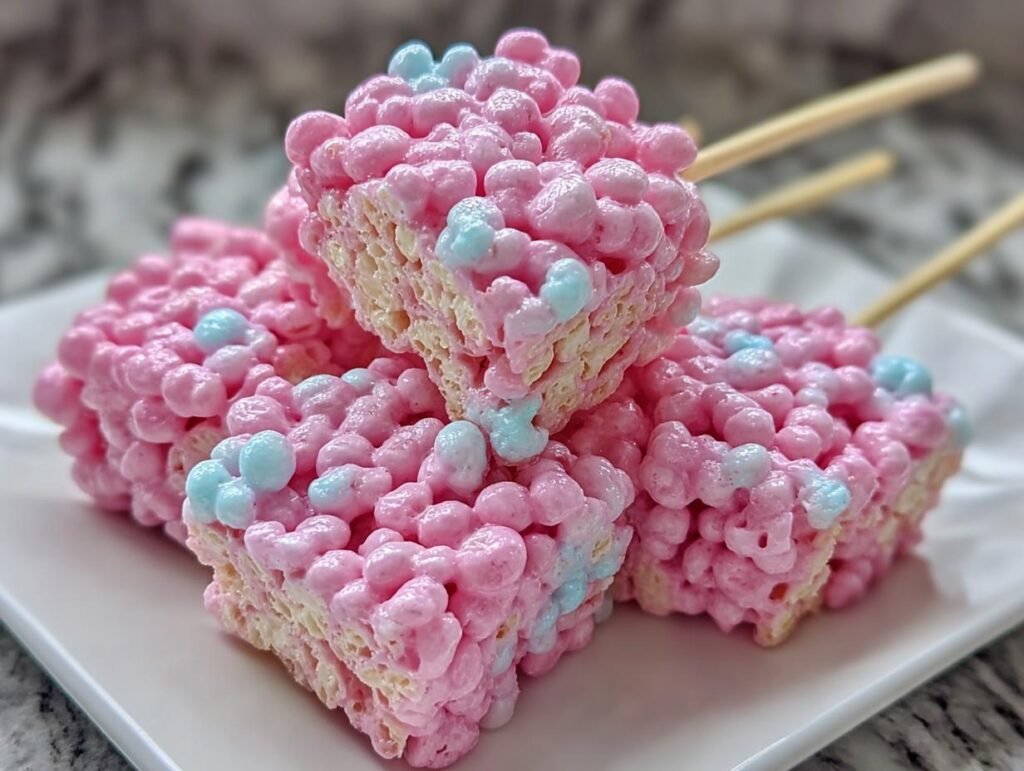 Close-up of pink and blue Cotton Candy Rice Krispies treats on a white plate, with wooden sticks inserted.