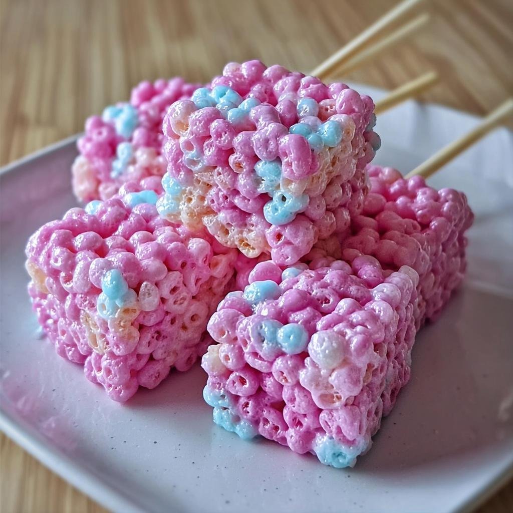 Close-up of fluffy Cotton Candy Rice Krispies treats on sticks, with pink, blue, and light orange colors.