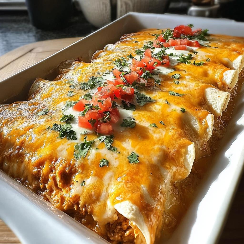 A close-up of baked Creamy Queso Chicken Enchiladas topped with melted cheese, sour cream, and diced tomatoes.