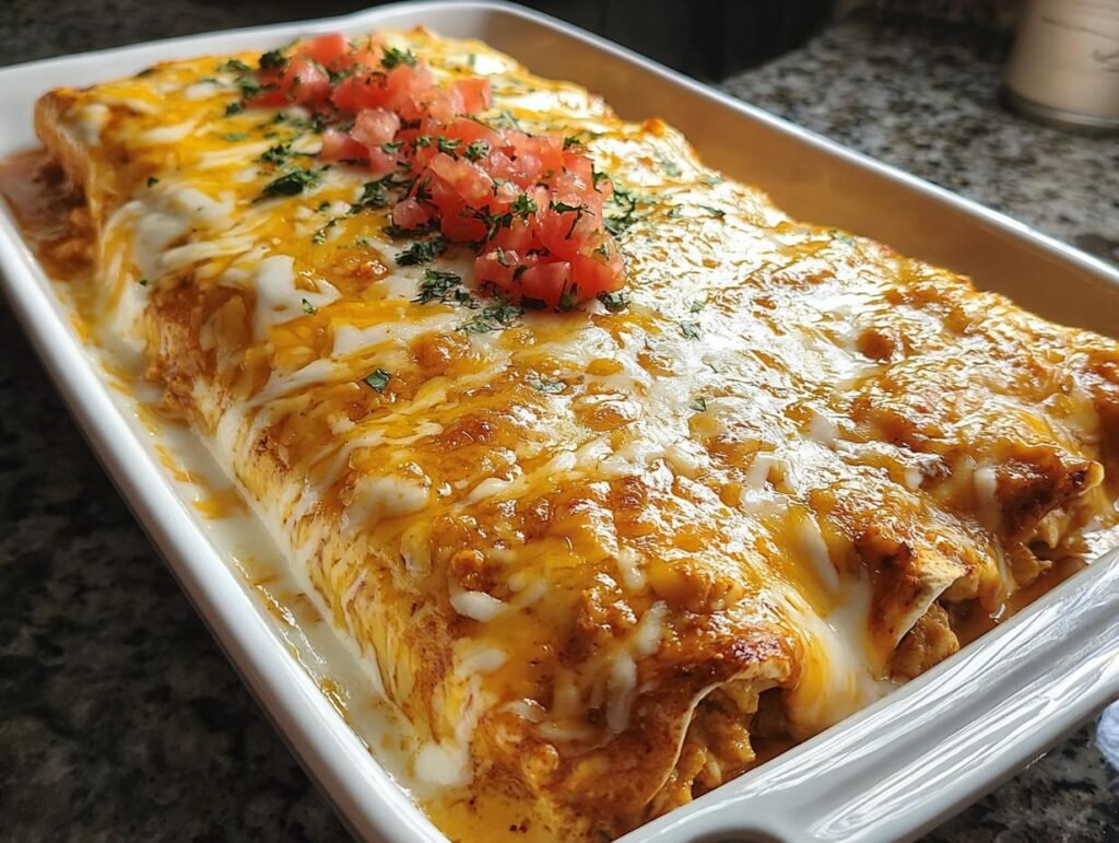 A close-up of creamy queso chicken enchiladas baked in a white dish, topped with melted cheese and diced tomatoes.