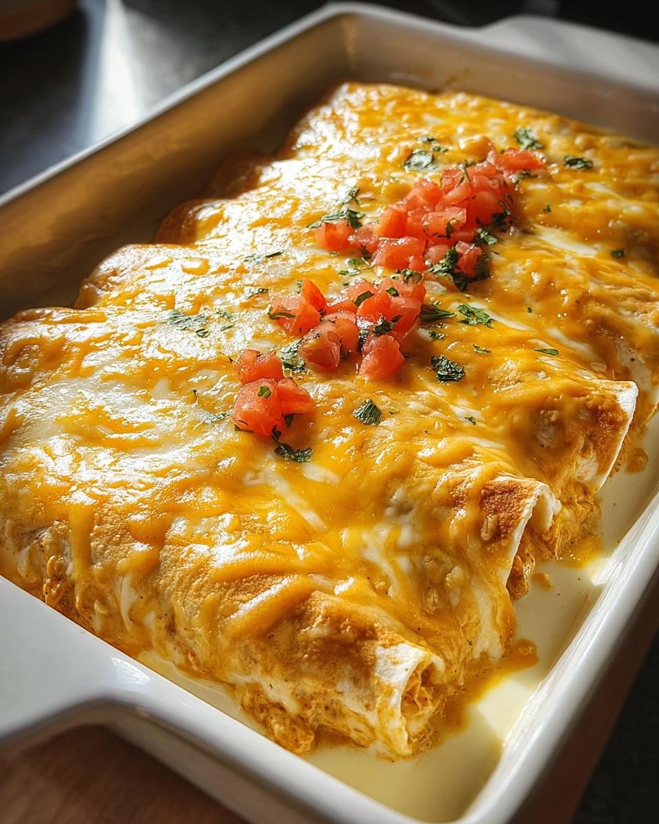 Close-up of baked Creamy Queso Chicken Enchiladas topped with melted cheese and diced tomatoes.