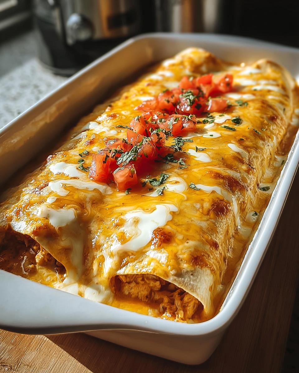 A close-up of baked Creamy Queso Chicken Enchiladas topped with melted cheese and diced tomatoes.