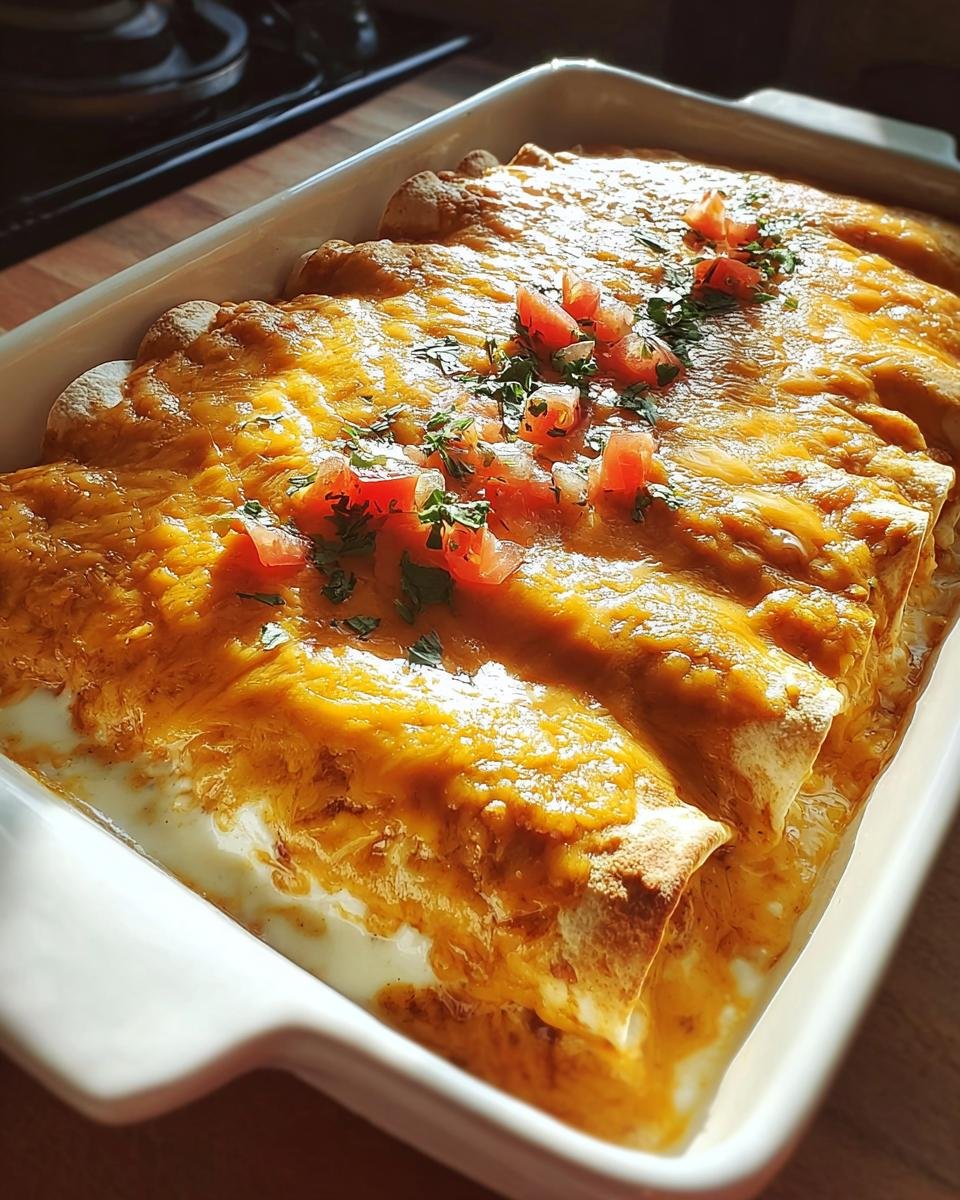 A close-up of baked Creamy Queso Chicken Enchiladas in a white baking dish, topped with melted cheese and diced tomatoes.