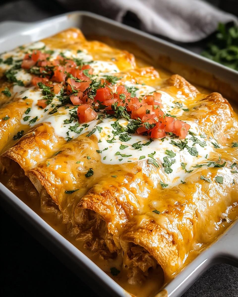 Close-up of baked Creamy Queso Chicken Enchiladas topped with cheese, sour cream, chopped tomatoes, and parsley.