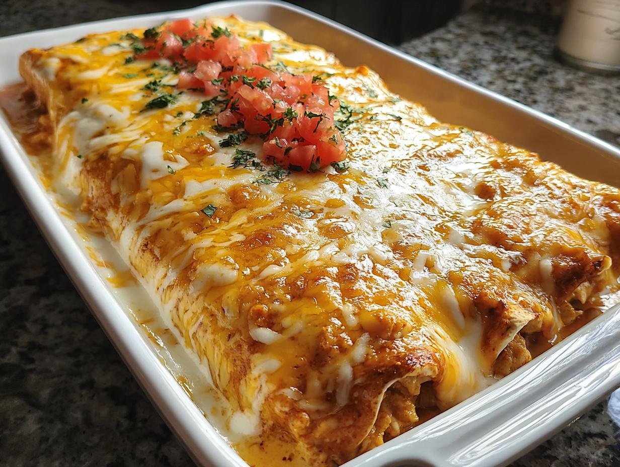 A close-up of creamy queso chicken enchiladas baked in a white dish, topped with melted cheese and diced tomatoes.