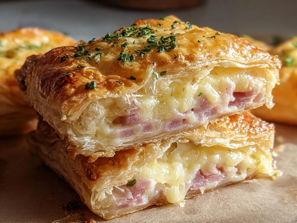 Two halves of a crispy ham and cheese puff pastry stacked, showing melted cheese and ham filling.