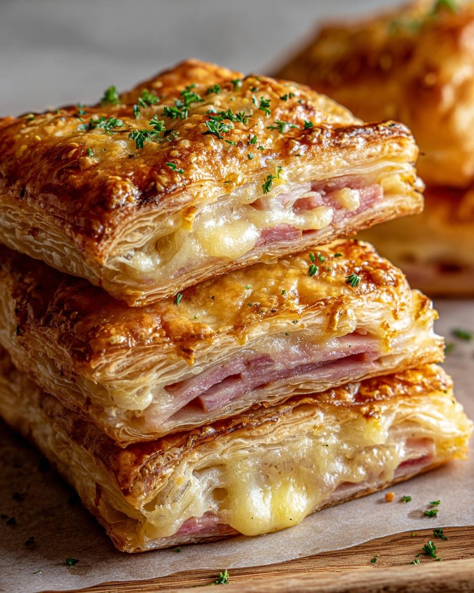 A stack of golden-brown, flaky Crispy Ham & Cheese Puff Pastry, oozing with melted cheese and garnished with parsley.