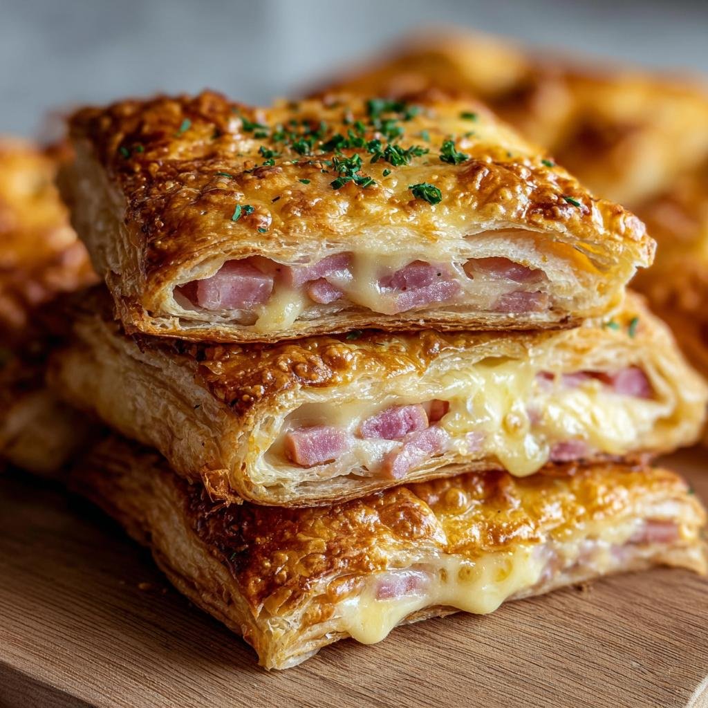 A stack of crispy ham and cheese puff pastry squares, oozing with melted cheese and sprinkled with chives.
