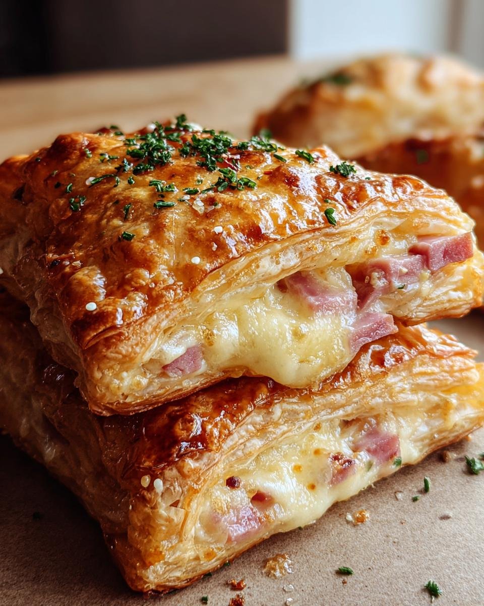 Two stacked Crispy Ham & Cheese Puff Pastries, showing golden flaky pastry and melted cheese with ham pieces.